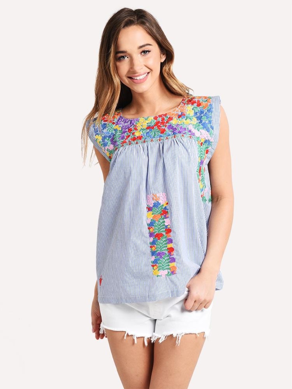 J.Marie Light Blue Striped Sleeveless Top with Multicolor Floral Embroidery